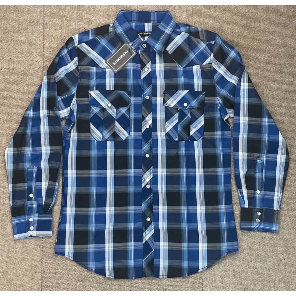 Jmbonheur Men's‎ Plaid Western Snap Button Up Long Sleeve Shirt Size Small